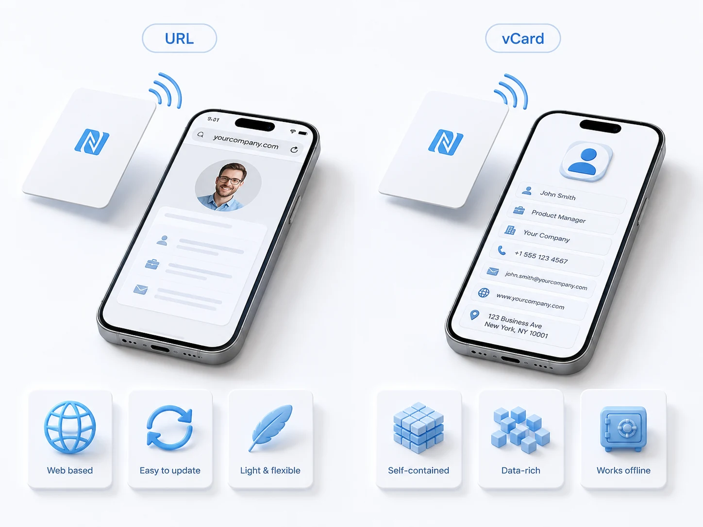 Comparatif visuel entre une URL et une vCard sur un tag NFC