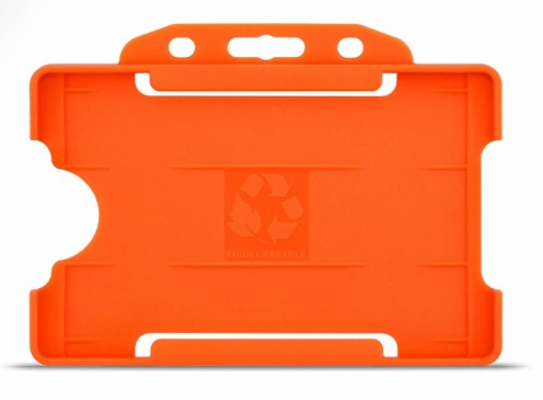 YA302-L-OR - Porte-Badge Rigide Orange Biodégradable Bulldog 86x54 perforation oblongue 2 rondes - 1 FACE 