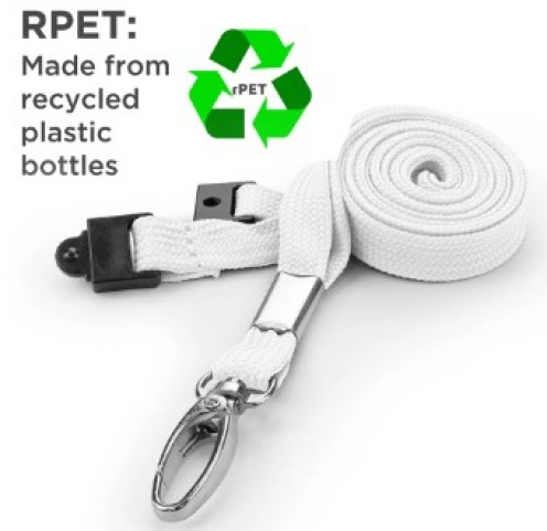 AC228-W-MLC - Tour de cou Blanc Recyclé 10mm avec Clip Métal et rupture sécuritaire - Pack de 100